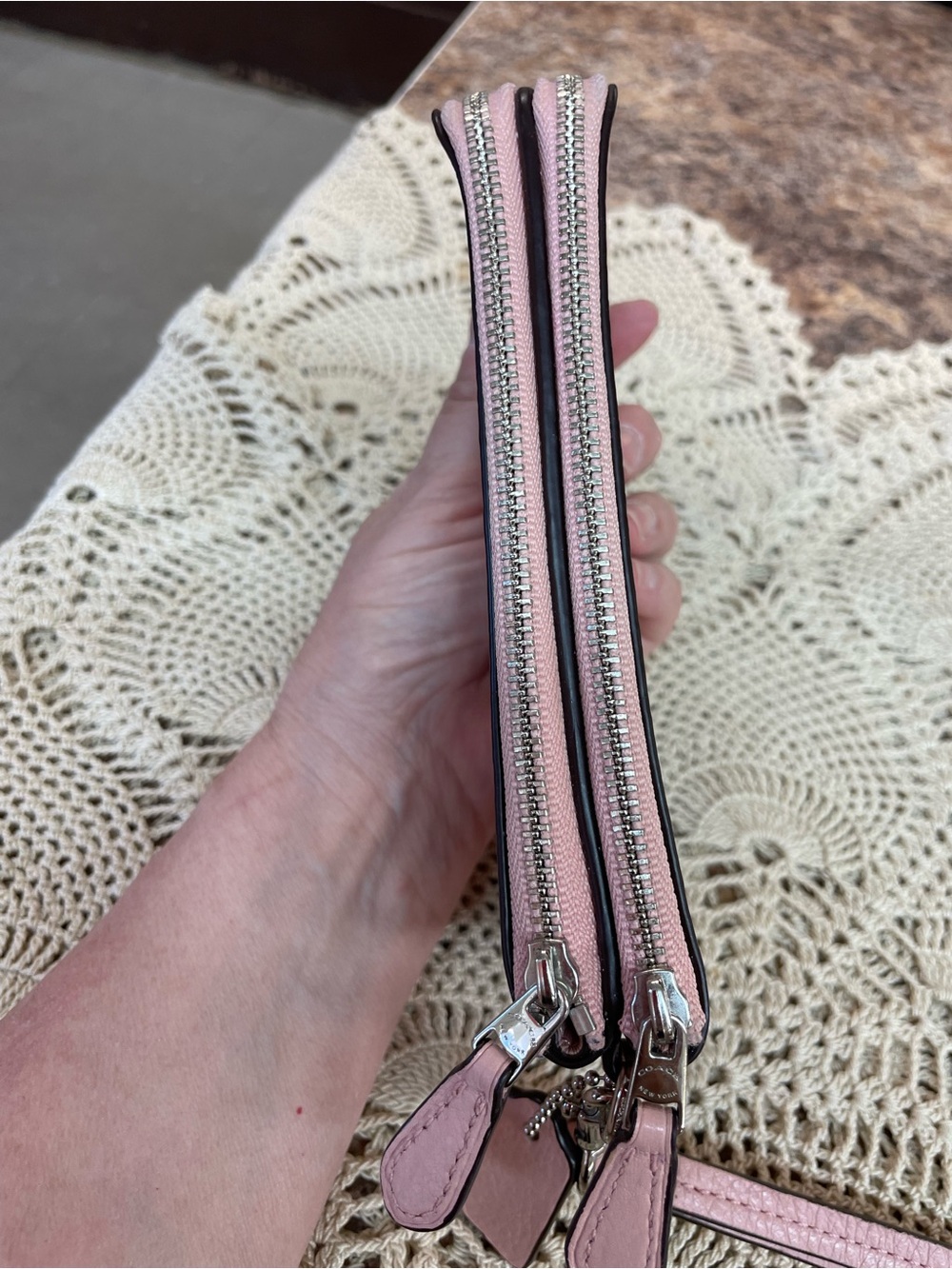 Coach Women's Pebble Leather double Zip Wristlet in pink with silver hardware - Picture 6 of 11